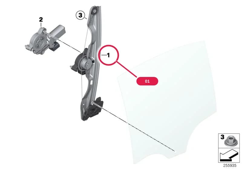 Window lifter without motor, rear left — BMW 3 F80 M3 — 51 Vehicle trim › 51_8499 DOOR WINDOW LIFTING MECHANISM REAR
