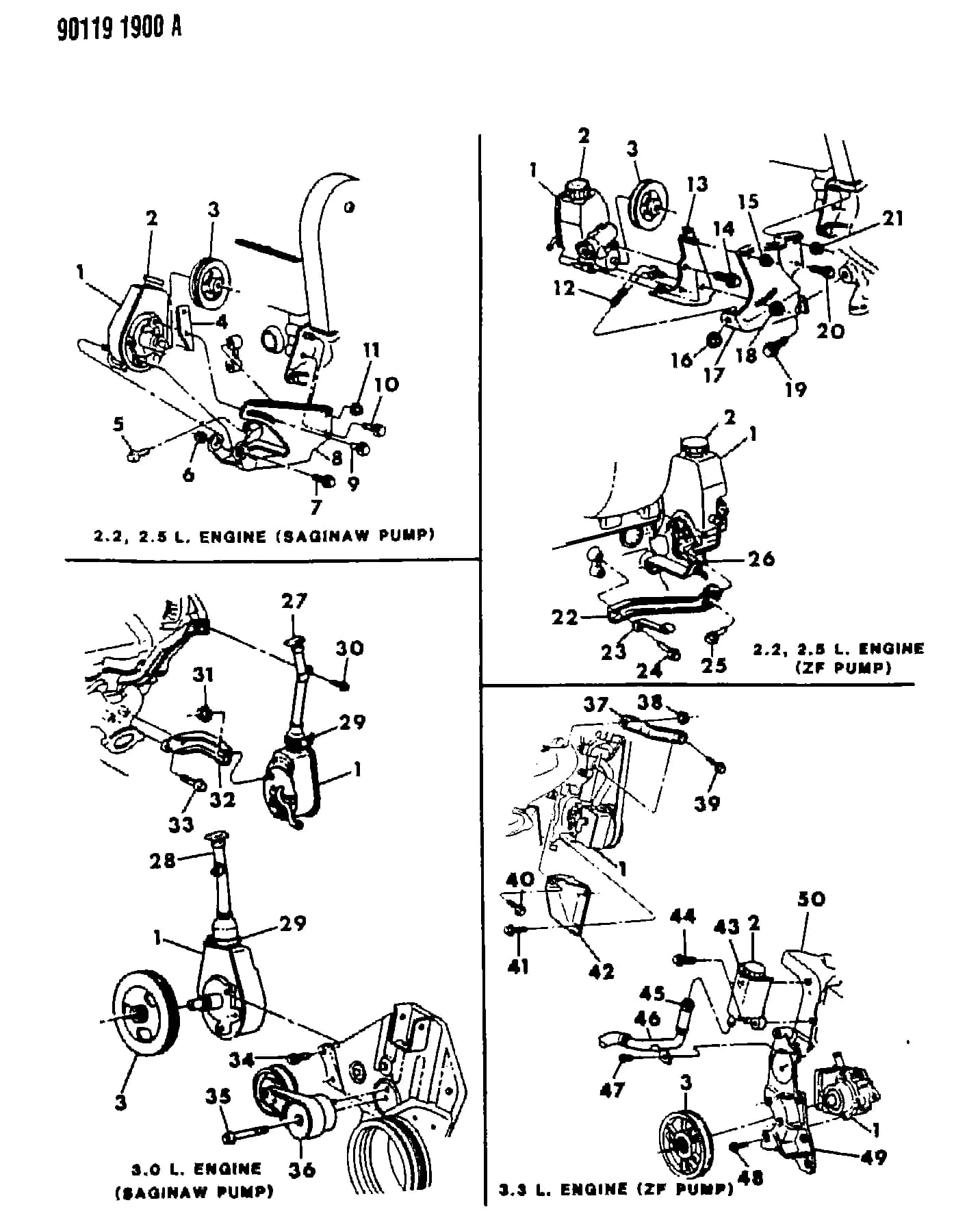 1990 P -PASSENGER (CANADA) — 19 STEERING › 19 19 PUMP, ASSYS. & ATTACHING PARTS, W/ 2.2, 2.5, 3.0, 3.3L ENG.