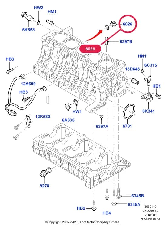 3 Powertrain — 30301 Powertrain.Engine/Block, Heads & Manifolds › 3030110 Cylinder Block And Plugs; 2.5L Duratec VCT Turbo; S-Max/Galaxy 2006-2015; Mondeo 2007-2014; Focus 04-08/Focus C-MAX 03-07; Focus 2008-; Kuga 2008-2012; 2.5L Duratec-ST