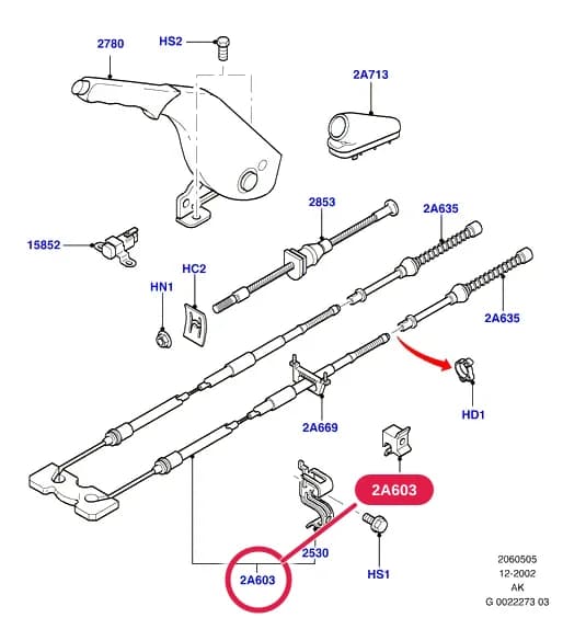 Cable Assy - Parking Brake; Centre; Focus 1998-2005; 'ST170' — 2 Chassis — 20605 Chassis.Parking Brake › 2060505 Parking Brake