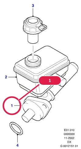 Cylinder Assy - Master; O 22.2MM; (3/5 Door Saloon/Van 1.25 Zetec-S/Duratec DOHC EFI(75PS) Manual Transmission Less Anti-Lock Braking System OR 3/5 Door Saloon/Van With Diesel Engines Manual Transmission Less Anti-Lock Braking System OR 3/5 Door Saloon/Van HCS Manual Transmission Less Anti-Lock Braking System) — E Brakes - Brake Pipes - Wheels — E01 Brakes - Brake Pipes - Wheels.Brake Pipes/ABS/Brake System Valves › E01010 Master Cylinder - Brake System