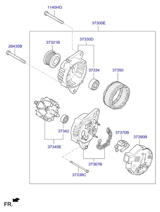 Drive Type: DRIVE TYPE - LHD;Weather Type: WEATHER - THE TROPICAL ZONE;Engine Capacity: 1600 CC - U2;Engine Type: DOHC - TCI;Fuel Type: DIESEL - DIESEL;Transaxle: MANUAL T/M - 6 SPEED 2WD — 2018 ELANTRA 16 (2015-) — ENGINE › 39373C ALTERNATOR