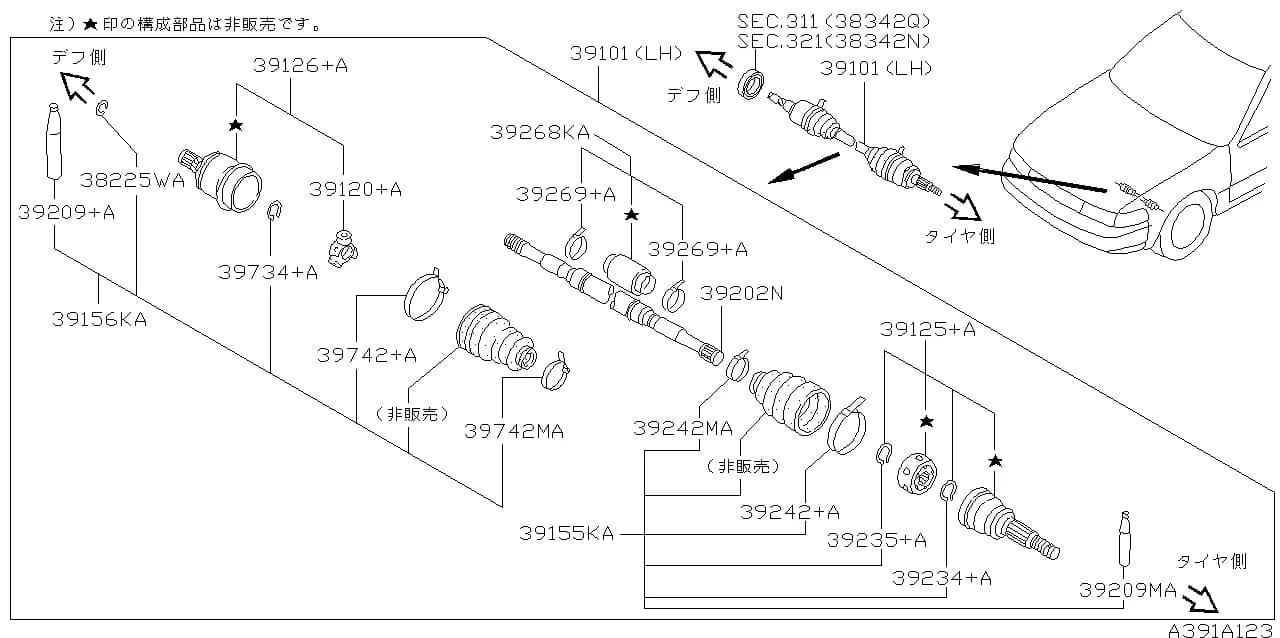 ｼﾔﾌﾄ ｱﾂｾﾝﾌﾞﾘ-,ﾌﾛﾝﾄ ﾄﾞﾗｲﾌﾞ LH — SUNNY (B13) — Chassis › 391A 002