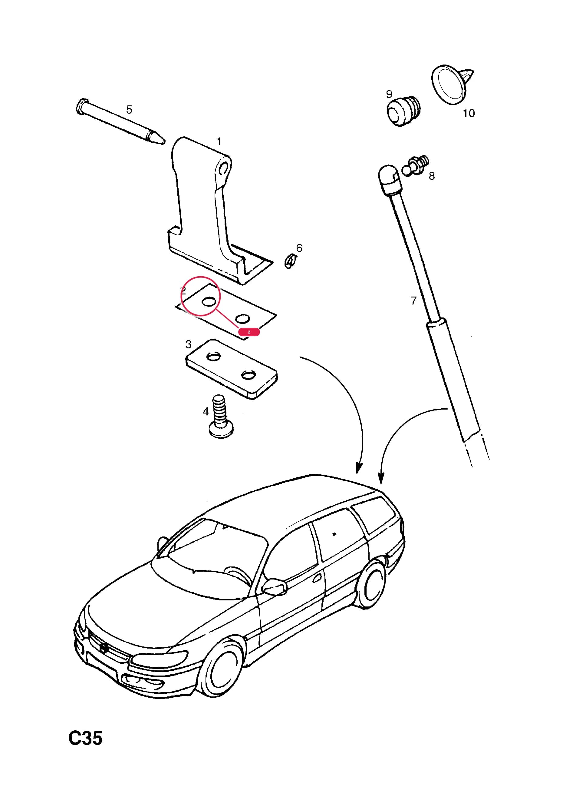 GASKET,HINGE SUPPORT TO ROOF FRAME — Opel  OMEGA-B ( 1994 -  2003) — C BODY INTERIOR FITTINGS › 18 TAIL GATE HINGE AND FITTINGS