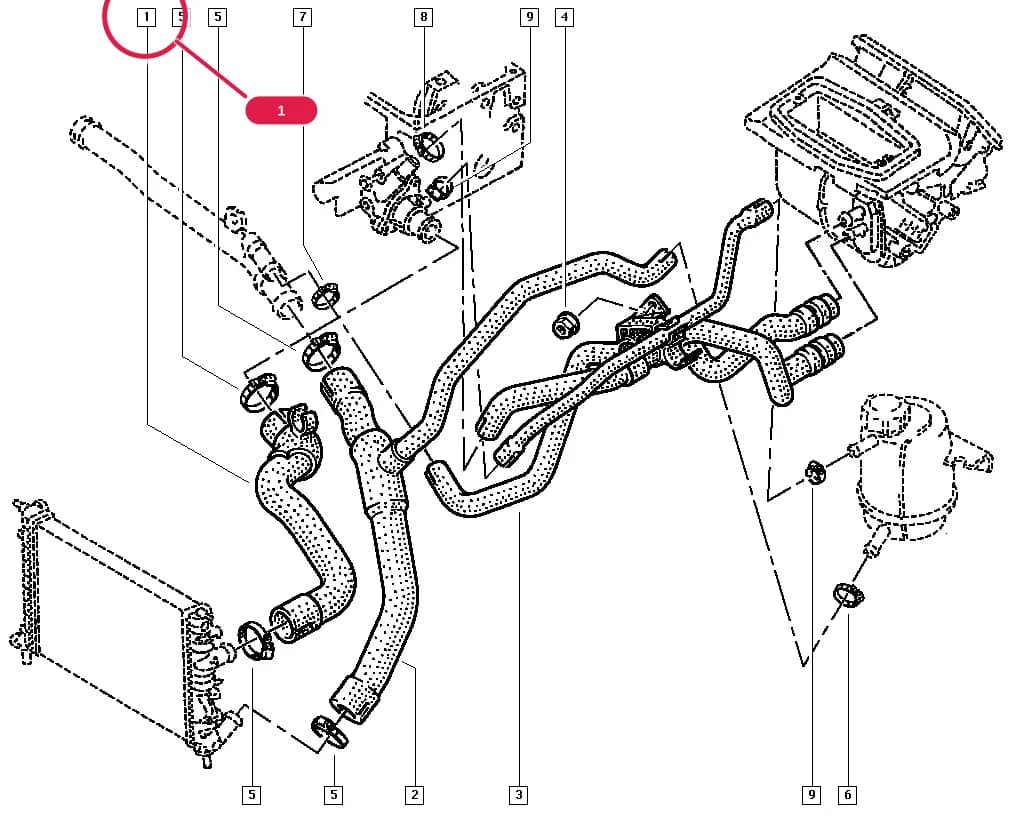 BB0B — Manual › 19 Cooling system - Reservoirs - Exhaust system - Engine mounting / Radiator hoses