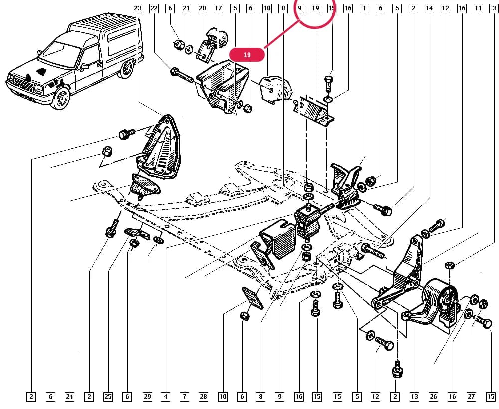 F401 — Manual › 19 Cooling system - Reservoirs - Exhaust system - Engine mounting / Engine mounting