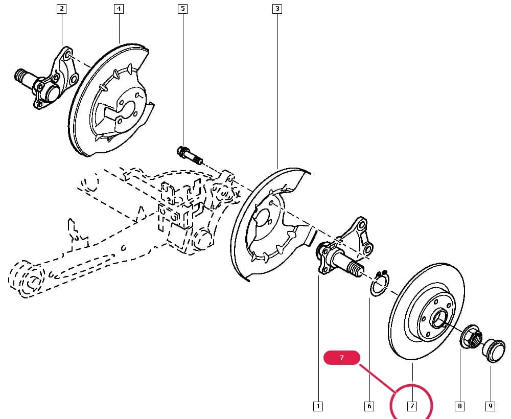 JK01 — Manual › 33 Rear bearing elements / Stub axle - Disk
