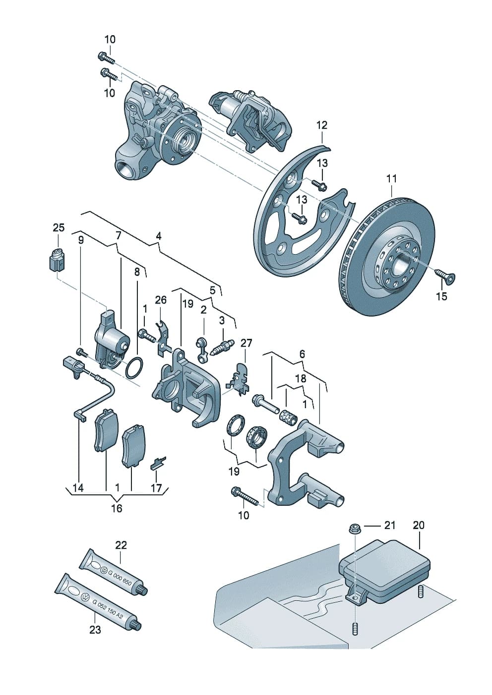 Brake caliper housing with servomotor — A7 A7 Sportback (Type 4G8) Facelift (2016–2018) — Floating caliper brake Brake caliper housing brake carrier with pad retaining pin Brake disc