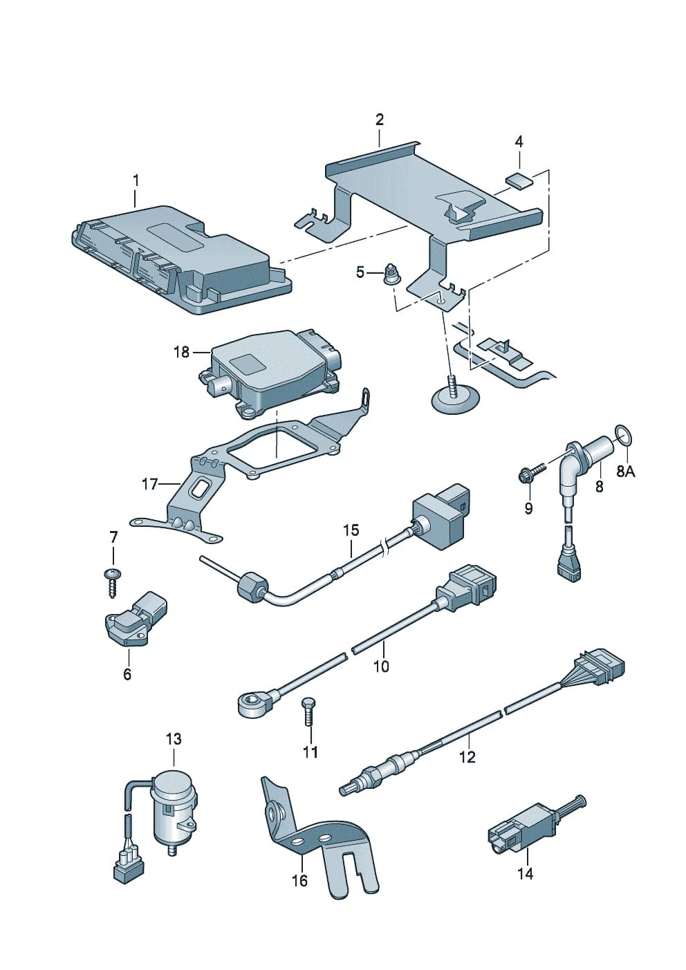 Lambda probe (behind catalyst) F >> 1C-X-499 000 F >> 9C-X-999 000 — Beetle Beetle 9C (1999–2005) — Lambda probe and engine control unit Knock sensor impulse sender Engine control unit