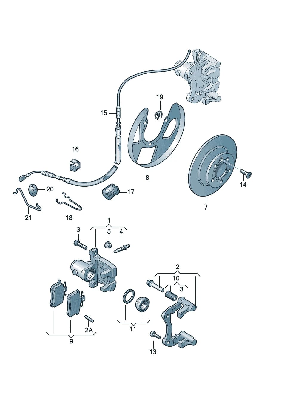 1 set of brake pads for disk brake — Jetta Jetta Variant A4 (Typ 1J) (2001–2006) — Floating caliper brake Brake caliper housing brake carrier with pad retaining pin Brake disc brake cable